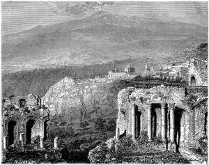 Der Ätna und ein Blick auf Taormina, Sizilien, Italien, 19. Jahrhundert