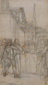 Literarische Illustration: Mann mit Schwert konfrontiert Gruppe von Figuren vor Gebäude