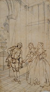 Literarische Illustration mit Gentleman und zwei Damen im Innenraum von Hubert Francois Gravelot