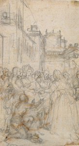Literarische Illustration mit Gruppe von Figuren, die einen Mann anflehen