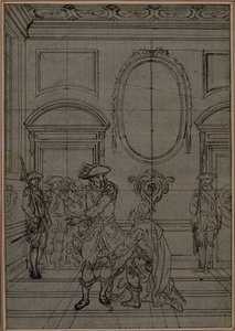Studie für eine nie veröffentlichte zweite Ausgabe von Colles "La Partie de Chasse de Henri IV", Akt I, Szene 6 von Hubert Francois Gravelot