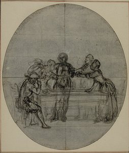 Studie für eine nie veröffentlichte zweite Ausgabe von Colles "La Partie de Chasse de Henri IV", Akt III, Szene 10 von Hubert Francois Gravelot