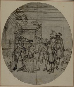 Studie für eine nie veröffentlichte zweite Ausgabe von Colles "La Partie de Chasse de Henri IV", Akt III, Szene 11 von Hubert Francois Gravelot
