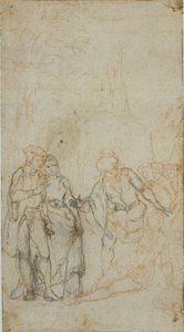 Unidentifizierte literarische Illustration mit einer Gruppe von Figuren um eine liegende Figur in der Landschaft