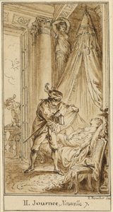 Zweiter Tag, siebte Geschichte: Der Herzog von Athen betrachtet die schlafende Prinzessin Alatiel von Hubert François Gravelot after François Boucher