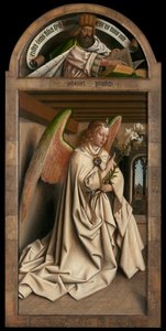 Lunette: der Prophet Sacharja. Unteres Panel: Engel der Verkündigung, von der Außenseite des linken Flügels des Genter Altars