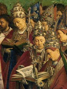 Anbetung des mystischen Lammes, aus dem Genter Altar, Detail der unteren Hälfte des zentralen Panels