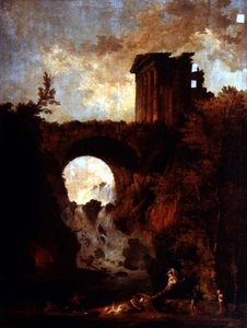 Ein Capriccio eines zerstörten Tempels bei einer Brücke über einen Wasserfall mit einer Wippe von Hubert Robert