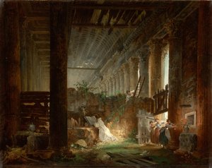 Ein Einsiedler betet in den Ruinen eines römischen Tempels, ca. 1760 von Hubert Robert