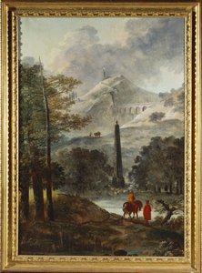 Eine bergige Landschaft mit einem Obelisken von Hubert Robert