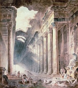 Ein Kolonnaden-Thermalgebäude, das Dach teilweise offen zum Himmel, mit Mädchen, die Kleidung waschen von Hubert Robert