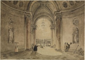 Blick durch das Atrium des Casinos in das Gartenparterre der Villa Albani von Hubert Robert