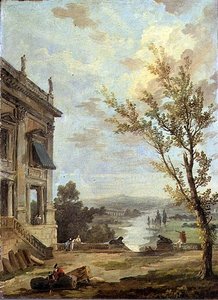 Italienische Landschaft mit dem Kapitolinischen Palazzo Nuovo und vornehmen Leuten auf einer Terrasse, ein Fluss dahinter