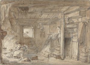 Innenraum eines Bauernhauses mit Figuren
