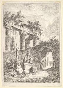 Tafel 3: Die Statue vor den Ruinen: eine Statue links neben drei Figuren auf einem Podest von Hubert Robert