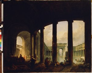 Ein Becken umgeben von einer Kolonnade (Villa Giulia?) von Hubert Robert
