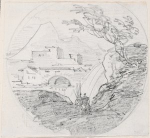 Blick von einem Bergrücken auf ein Dorf und einen fernen Berg