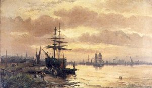 Fischer am Ufer einer Mündung bei Sonnenuntergang