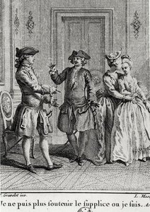 Ich kann die Qualen hier nicht mehr ertragen, wo ich bin, Illustration für Eugenie von Beaumarchais, graviert von Louis Joseph Masquelier (1741-1811) von Hubert after Gravelot