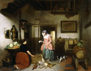 Innenansicht einer Speisekammer mit Frauen, die Wild reinigen, 1852