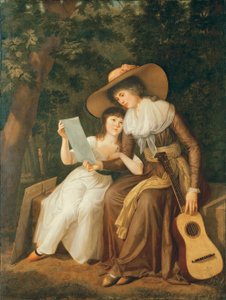 Doppelporträt von Mary, Countess of Erne, mit ihrer Tochter Lady Caroline Crichton, später Lady Wharncliffe, ganzfigurig, sitzend, erstere in einem braunen Kleid mit gelbem Band, einen großen Strohhut tragend von Hugh Douglas Hamilton