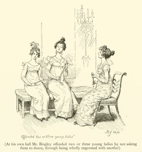 Auf seinem eigenen Ball beleidigte Mr. Bingley zwei oder drei junge Damen, indem er sie nicht zum Tanzen aufforderte, da er völlig von einer anderen in Anspruch genommen war (Gravur) von Hugh Thomson