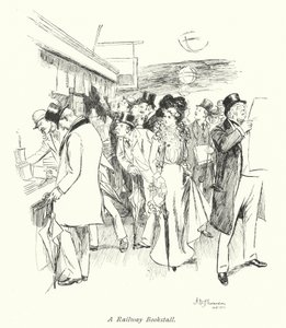 London: Ein Eisenbahnbuchstand (Farblithographie) von Hugh Thomson