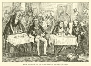 Major Pendennis und die Eindringlinge an seinem Frühstückstisch (Gravur) von Hugh Thomson