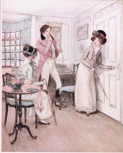 Miss Henrietta und Miss Fanny, ermutigt durch dieses Mitgefühl, nähern sich der Tür des interessanten Schlafzimmers. von Hugh Thomson