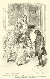 Die kleine Beatrix fordert den jungen Henry auf, mit ihren Eltern, Viscount und My Lady Castlewood, zu kommen (Gravur) von Hugh Thomson
