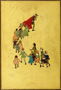 Oberer Einband, mit einer Illustration des Pfeifers, gefolgt von Kindern von Hugh Thomson