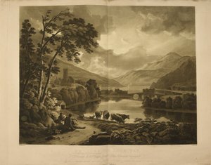 Illustration zeigt einen Blick auf Kenmore am Loch Tay in Schottland. Eine See- und Berglandschaft in den Highlands. von Hugh William Williams
