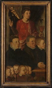 Linker Flügel eines Gedenk-Triptychons, ehemals Gertz-Gedenk-Triptychon genannt, mit neun männlichen Stifterporträts mit dem heiligen Johannes dem Evangelisten (innen) und dem heiligen Petrus (außen) von Hugo van der Goes (copy after)