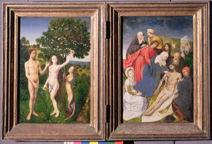 Diptychon: Der Sündenfall (Adam und Eva, Schlange und Apfel) und Kreuzabnahme Jesu (nach 1479) von Hugo van der Goes