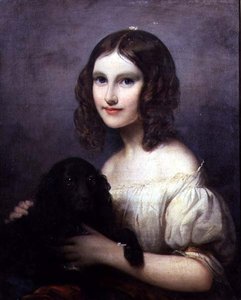 Porträt eines jungen Mädchens mit ihrem Haustierhund von Hugues Merle