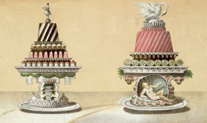 Entwurf für die Präsentation von Charlottes à la Reine & Pain de Framboises à la Leda, Illustration aus einem ungarischen Kochbuch über die französische Küche, ca. 1880 von Hungarian School