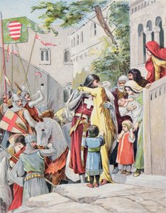 John Hunyadi umarmt seine Frau Erzsebet Szilagyi, bevor er in die Schlacht zieht, ca. 1900