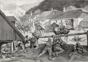 Plündernde Kosaken werden von ungarischen Truppen in einem ungarischen Dorf überrascht von Hungarian School