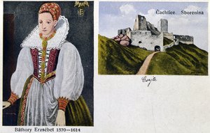 Postkarte, die Gräfin Elisabeth Bathory (1560-1614) und Schloss Cachtice darstellt
