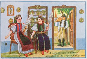 Postkarte darstellend Frauen in traditioneller ungarischer Kleidung beim Spinnen und Singen des beliebten Liedes Sing ein Lied für den Frosch, ca. 1940 von Hungarian School