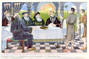 Gelehrte am Tisch von Maimonides, aus einer Pessach-Haggada von Hungarian School