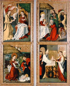 Die Verkündigung, die Geburt Christi, die Anbetung der Weisen und die Darstellung im Tempel aus dem Szepeshely-Altar, 1480-90