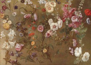 Komposition von Blumenstudien einschließlich Nelken, Skabiosen, Seifenkraut, Malven; Stockrosen, Afrikanische Ringelblumen, Vergissmeinnicht von Hyacinthe Francois Rigaud
