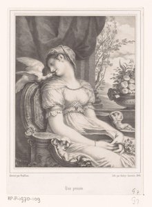 Sitzende Frau mit Buch und weißem Vogel