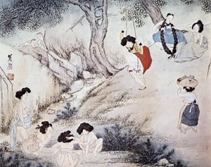Frauen im Freien (Bad im Fluss und Schaukel) und zwei Männer, die sie beobachten, Kree - von Hye-Wol, Yi-Dynastie von Hyewon