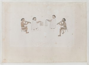 Musiker von Tahiti. Vier Tahitianer, zwei im Mare gekleidet, spielen die Nasenflöte; zwei im Tiputa gekleidet, schlagen Trommeln. Aufgezeichnet im Tagebuch von Joseph Banks I, 290 von I. F. Miller
