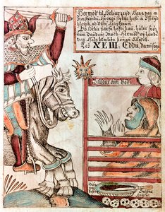 Hermod reitet auf Sleipnir, dem berühmten achtbeinigen Pferd seines Vaters, an den verschlossenen Toren des Königreichs Hel von Icelandic School