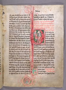 Historiierte Initiale P, die zwei Kaufleute darstellt, aus dem Anfang des Abschnitts über den Handel, aus Skarosbok (Das Buch von Skard) ca. 1350 von Icelandic School