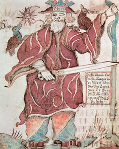 Odin mit seinen zwei Raben, Hugin (Gedanke) und Munin (Erinnerung)