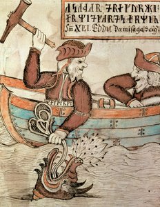 Thor angelt nach der Midgardschlange, aus dem Boot des Riesen Hymir